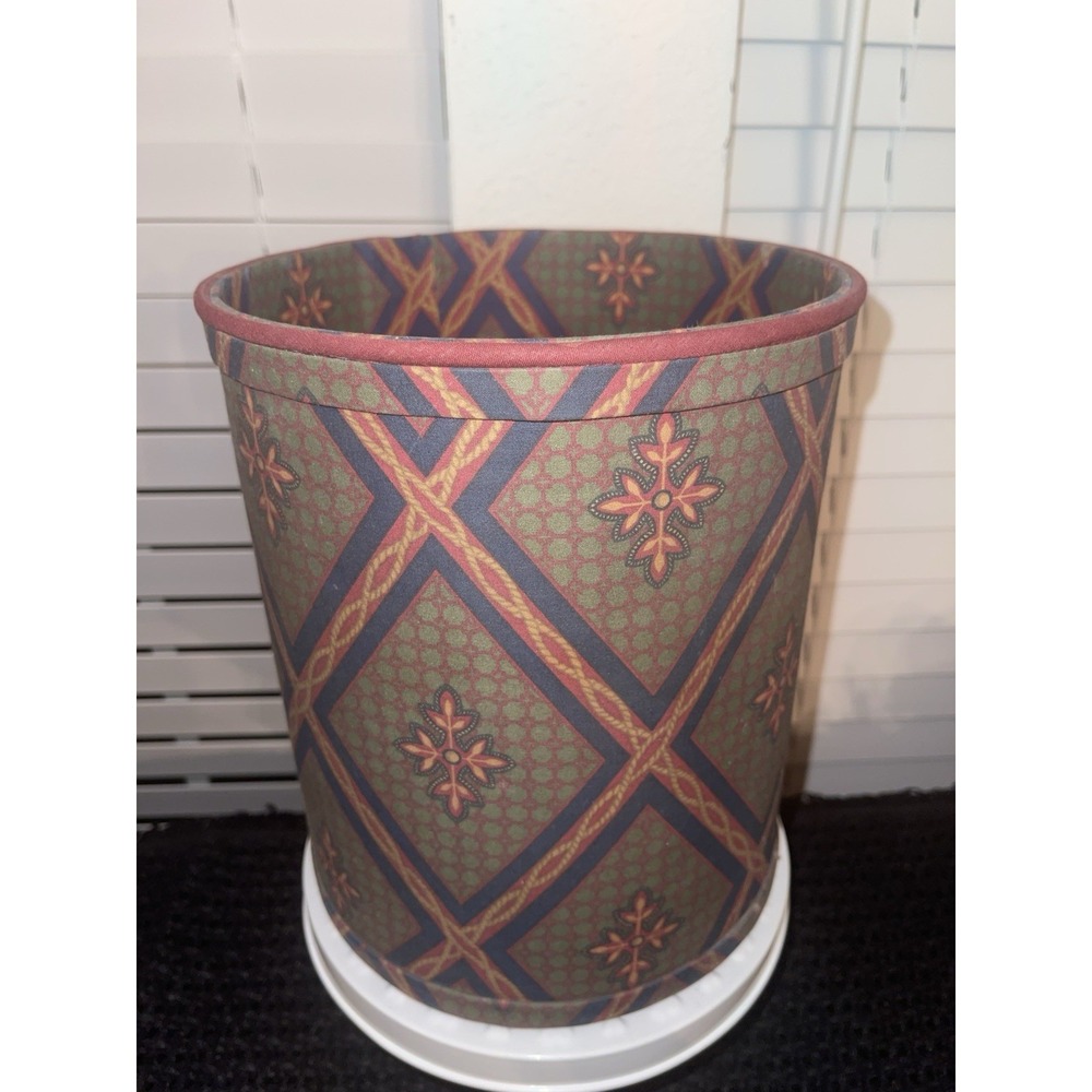 Vintage Burgundy Navy Green Pattern Material Waste Basket Trash Can Vineyard Inc